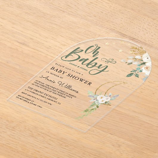 Sage groene gouden ivoor bloemenkrans maanboog bab acryl uitnodigingen (Laagn)