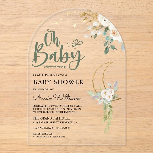 Sage groene gouden ivoor bloemenkrans maanboog bab acryl uitnodigingen (Voorkant)