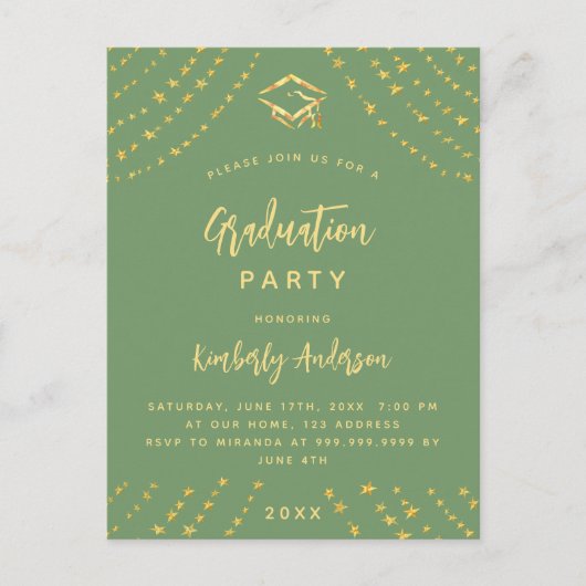 Sage groene gouden sterren afstudeerfeest modern j uitnodiging briefkaart (Voorkant)