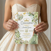 Sage Groene Gouden Vlinder Bloemige Quinceañera