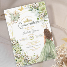 Sage Groene Gouden Vlinder Bloemige Quinceañera