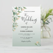 Sage groene gouden waterkleurige botanische bruilo kaart (Staand voorkant)