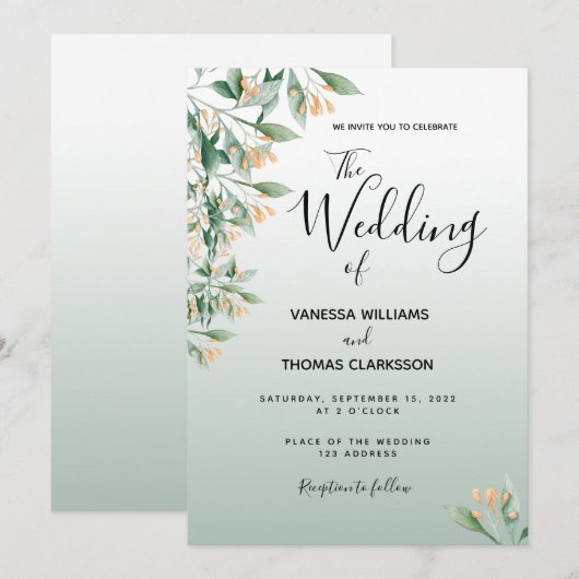 Sage groene gouden waterkleurige botanische bruilo kaart (Voorkant / Achterkant)