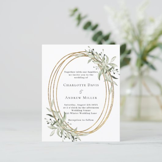 Sage groene groen groen goud lijst huwelijksuitnod (Staand voorkant)