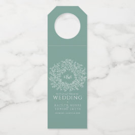 Sage groene hand getekend blad monogram kunst brui flessenhanger