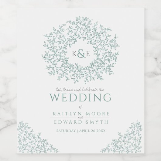 Sage groene hand getekend blad monogram kunst brui wijn etiket (Enkel label)