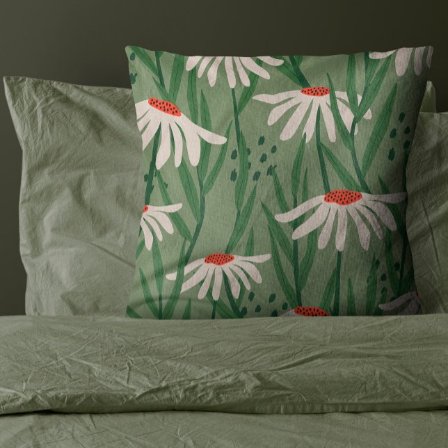 Sage Groene Hand getrokken Bloem Kussen (Chamomile Flower in a sage green background of soft warm cream color make this design a great choice)