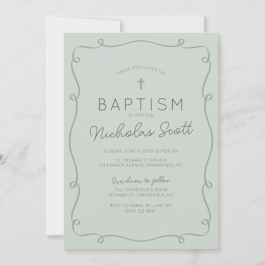 Sage Groene Hand Getrokken Doop Uitnodiging (Voorkant)