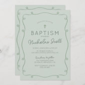 Sage Groene Hand Getrokken Doop Uitnodiging (Voorkant / Achterkant)