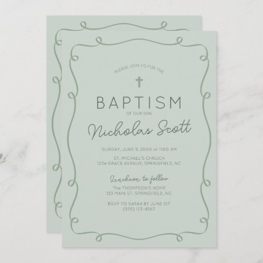 Sage Groene Hand Getrokken Doop Uitnodiging (Voorkant / Achterkant)