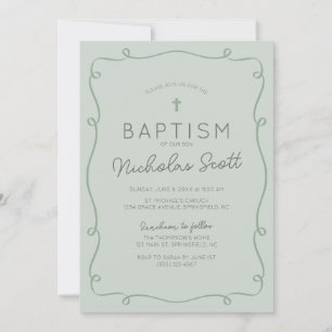 Sage Groene Hand Getrokken Doop Uitnodiging