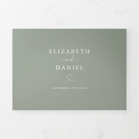 Sage Groene Hart Script Trouw Drieluik Uitnodiging (Cover)