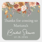 Sage Groene Herfst Bloemen Vrijgezellenfeest Favor Vierkante Sticker (Voorkant)