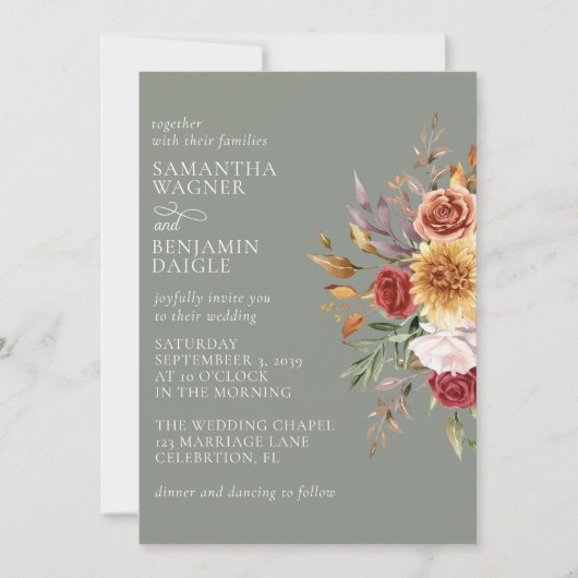 Sage Groene Herfst Bloemenbruiloft Uitnodiging (Voorkant)