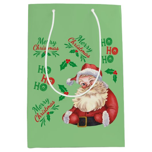  sage groene Ho Ho Santa Kersttrendy Medium Cadeauzakje (Voorkant)