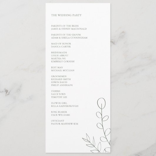 Sage Groene Huwelijksceremonie Minimalistische Ele Programmakaart (Achterkant)