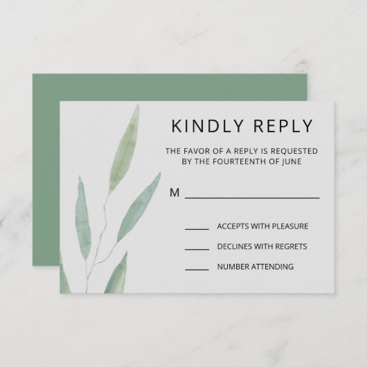 Sage groene Huwelijksreactie, Botanisch RSVP Kaartje (Voorkant / Achterkant)