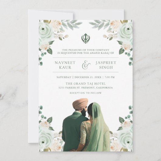 Sage Groene Ivoor Anand Karaj Indische Sikh Bruilo Kaart (Voorkant)