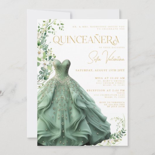 Sage Groene Jurk Bloemen Prinses Quinceañera Kaart (Voorkant)