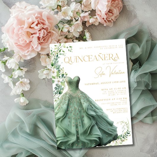 Sage Groene Jurk Bloemen Prinses Quinceañera Kaart
