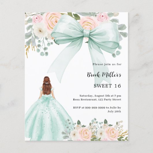 Sage groene jurk boog roze Sweet 16 uitnodiging (Voorkant)