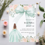 Sage groene jurk boog roze Sweet 16 uitnodiging<br><div class="desc">Een witte achtergrond,  versierd met een grote salie groen gekleurde boog,  roze bloemen en een meisje in een groen gekleurde jurk. Personaliseer en voeg een naam en partijgegevens toe. 1 vel = 1 uitnodiging bedrukt rand tot rand.</div>