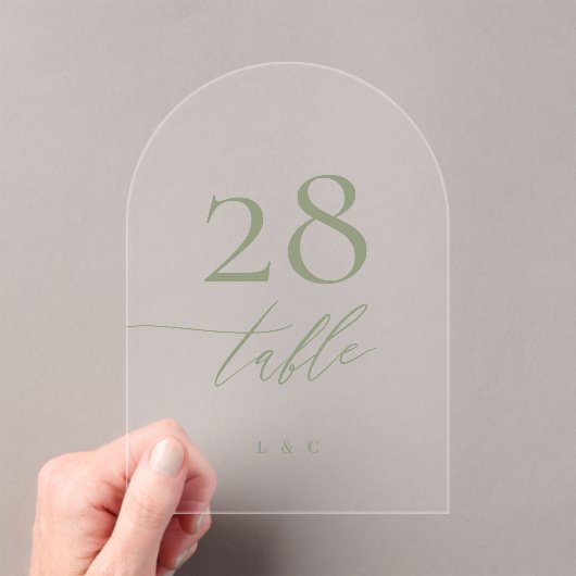 Sage Groene Kalligrafie Acryl Boog Tafelnummer (Insitu (Draagbaar))