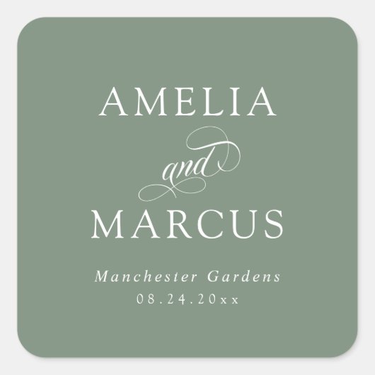 Sage Groene  Kalligrafie Bruiloft Vierkante Sticker (Voorkant)