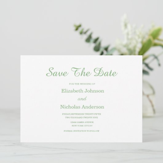 Sage Groene kalligrafie en typografie Classic Save The Date (Staand voorkant)