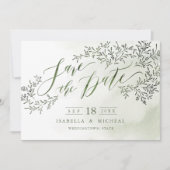 Sage groene kalligrafie met florale kalligrafie, b save the date (Voorkant)