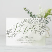 Sage groene kalligrafie met florale kalligrafie, b save the date (Staand voorkant)