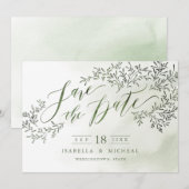 Sage groene kalligrafie met florale kalligrafie, b save the date (Voorkant / Achterkant)
