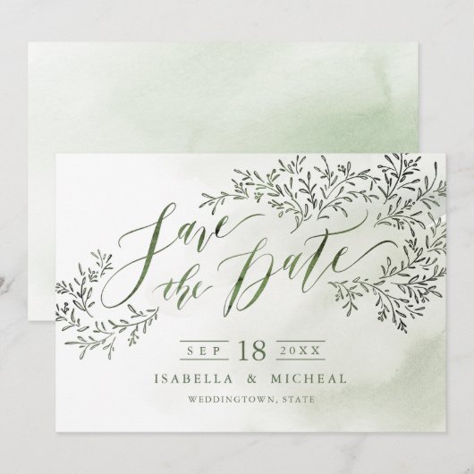 Sage groene kalligrafie met florale kalligrafie, b save the date (Voorkant / Achterkant)