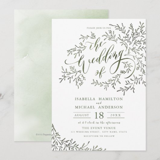 Sage groene kalligrafie rustige florale bruiloft kaart (Voorkant / Achterkant)