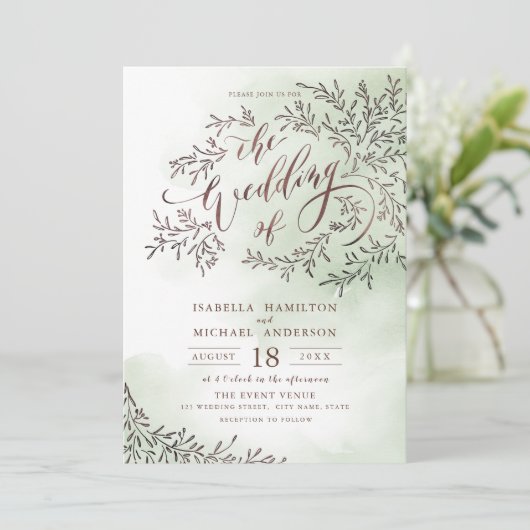 Sage groene kalligrafie rustige florale bruiloft kaart (Staand voorkant)