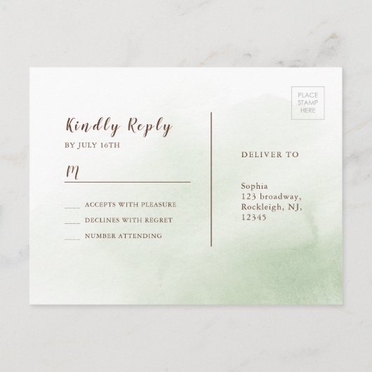 Sage-groene kalligrafie rustige florale bruiloft R Uitnodiging Briefkaart (Achterkant)