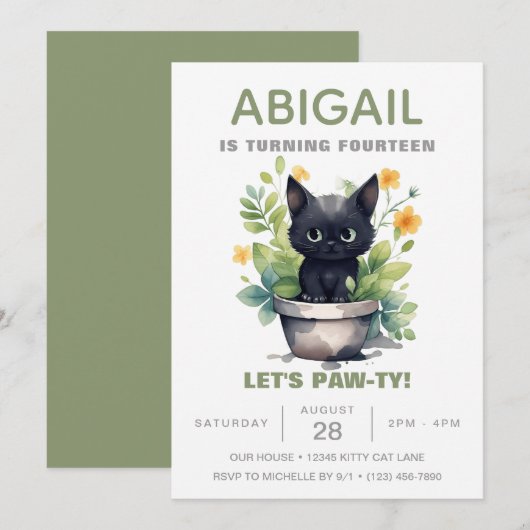 Sage Groene Kat Houseplant Trendy Kitten Verjaarda Kaart (Voorkant / Achterkant)