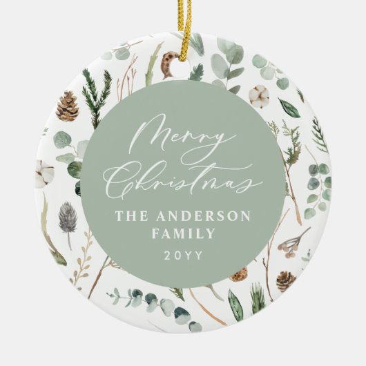 Sage groene Kerstmis minimale botanische foto Keramisch Ornament (Voorkant)