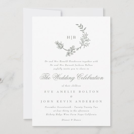 Sage Groene Klassieke Bloemenkrans Monogram Bruilo Kaart (Voorkant)