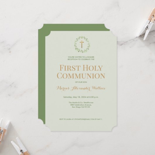 Sage Groene Krans Kruis Jongen Eerste heilige comm Kaart (Voorkant / Achterkant in situ)