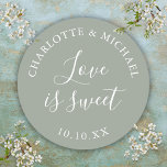 Sage Groene Liefde Is Lief Huwelijksgunst Ronde Sticker<br><div class="desc">Sage groene bruiloft gunst liefde is lief klassiek rond sticker. Ontworpen door Thisnotme©</div>