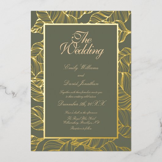 Sage Groene lijn kunst bladeren patroon Elegant go Folie Uitnodiging (Voorkant)