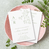 Sage groene lijn kunst bloeit monochrome bruiloft programmakaart