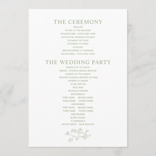 Sage groene lijn kunst bloeit monochrome bruiloft programmakaart (Achterkant)