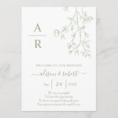 Sage groene lijn kunst bloeit monochrome bruiloft programmakaart (Voorkant)