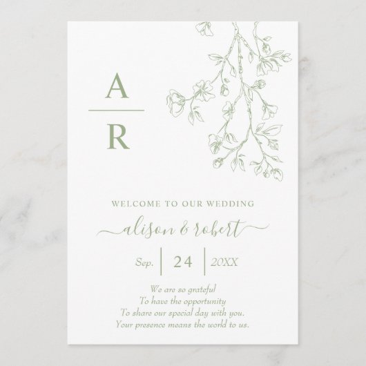 Sage groene lijn kunst bloeit monochrome bruiloft programmakaart (Voorkant)