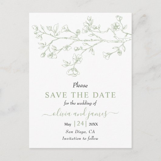 Sage groene lijn kunst bloesems bruiloft Save the  Briefkaart (Voorkant)