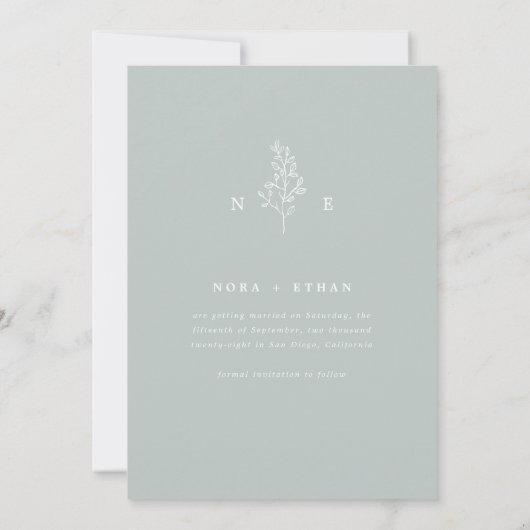 Sage Groene Lijn Kunstblad Monogram Bruiloft Save The Date (Achterkant)