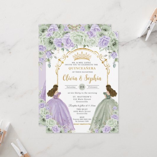 Sage Groene Lila Bloemen Tweeling Meisjes Quinceañ Kaart (Voorkant / Achterkant in situ)