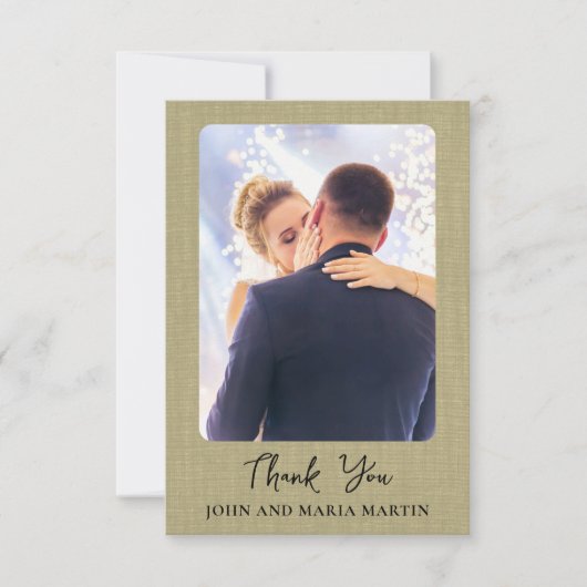 Sage Groene Linnen Trouwfoto Collage Dank u Bedankkaart (Voorkant)